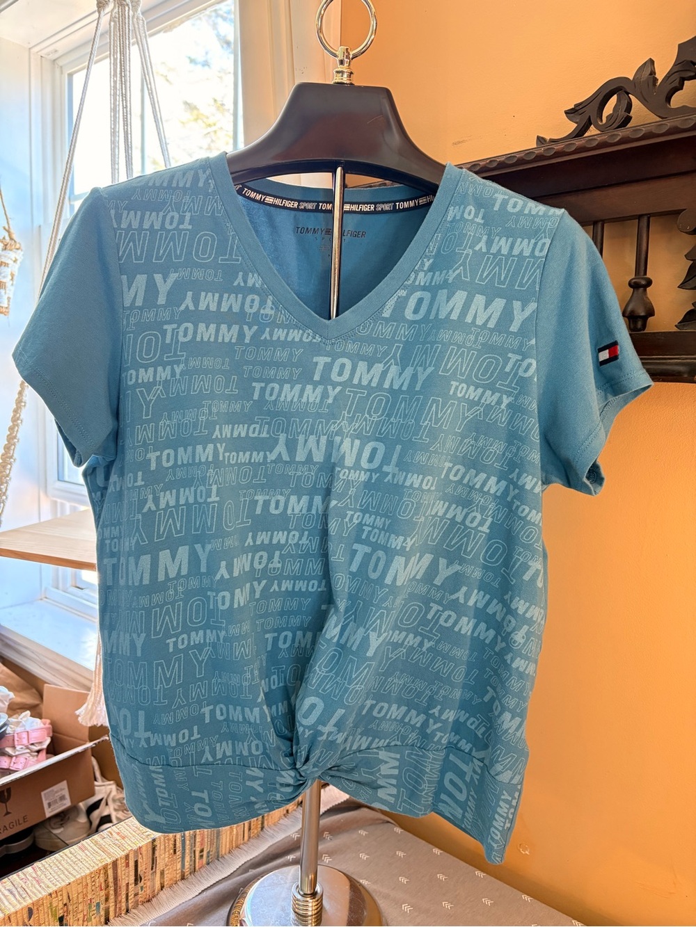 Tommy Hilfiger Aqua Logo V-Neck Short Sleeve Tee. Ladies M. Tie in front.